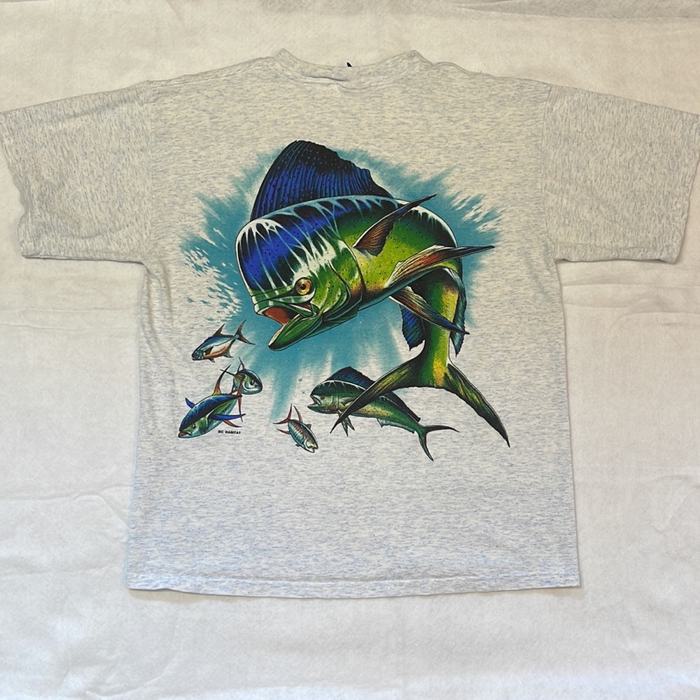 Vintage 90s Habitat Shirt Fish Mahi Large Cotton Heathered Blue Back Hit L